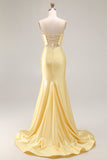 Yellow Strapless Mermaid Cut Out Beaded Prom Dress With Slit