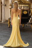 Yellow Strapless Mermaid Cut Out Beaded Prom Dress With Slit