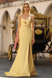 Yellow Strapless Mermaid Cut Out Beaded Prom Dress With Slit