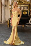 Yellow Strapless Mermaid Cut Out Beaded Prom Dress With Slit