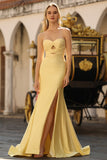 Yellow Strapless Mermaid Cut Out Beaded Prom Dress With Slit