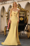 Yellow Strapless Mermaid Cut Out Beaded Prom Dress With Slit