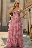 Strapless Blush Floral Corset Plus Size Tiered Prom Dress