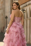 Strapless Blush Floral Corset Plus Size Tiered Prom Dress