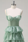 Dusty Sage A Line Spaghetti Straps Tiered Maxi Dress with Slit