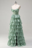 Dusty Sage A Line Spaghetti Straps Tiered Maxi Dress with Slit