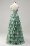 Dusty Sage A Line Spaghetti Straps Tiered Maxi Dress with Slit