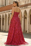 Fuchsia Floral Strapless A-Line Plus Size Maxi Prom Dress