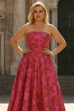 Fuchsia Floral Strapless A-Line Plus Size Maxi Prom Dress