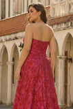 Fuchsia Floral Strapless A-Line Plus Size Maxi Prom Dress