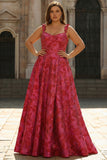 Fuchsia A-Line Floral Jacquard Plus Size Maxi Prom Dress