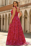 Fuchsia A-Line Floral Jacquard Plus Size Maxi Prom Dress