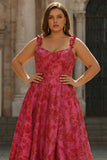 Fuchsia A-Line Floral Jacquard Plus Size Maxi Prom Dress