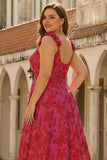 Fuchsia A-Line Floral Jacquard Plus Size Maxi Prom Dress