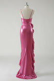 Metallic Fuchsia Ruched Detachable Straps Prom Dress with Ruffled Slit