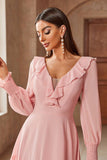 Pink Tiered Chiffon A Line Ruffle Maxi Dress with Long Sleeves