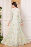 Light Green V Neck Long Sleeve Pleated Floral Maxi Dress with Slit