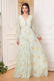 Light Green V Neck Long Sleeve Pleated Floral Maxi Dress with Slit