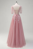 A Line V Neck Sequined Appliqued Tulle Blush Prom Dress with Short Sleeves