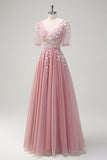 A Line V Neck Sequined Appliqued Tulle Blush Prom Dress with Short Sleeves