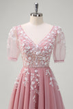 A Line V Neck Sequined Appliqued Tulle Blush Prom Dress with Short Sleeves