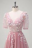A Line V Neck Sequined Appliqued Tulle Blush Prom Dress with Short Sleeves