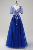 A Line V Neck Sequined Appliqued Tulle Blush Prom Dress with Short Sleeves