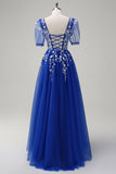 A Line V Neck Sequined Appliqued Tulle Blush Prom Dress with Short Sleeves