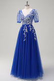 A Line V Neck Sequined Appliqued Tulle Blush Prom Dress with Short Sleeves