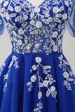 A Line V Neck Sequined Appliqued Tulle Blush Prom Dress with Short Sleeves