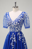 A Line V Neck Sequined Appliqued Tulle Blush Prom Dress with Short Sleeves