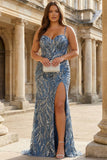 Blue Plus Size Mermaid Sequin Lace Up Back Prom Dress