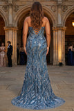 Blue Plus Size Mermaid Sequin Lace Up Back Prom Dress