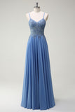 Dusty Blue A Line Pleated Prom Dress with Appliques