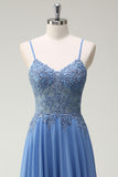 Dusty Blue A Line Pleated Prom Dress with Appliques