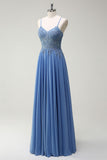 Dusty Blue A Line Pleated Prom Dress with Appliques