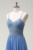 Dusty Blue A Line Pleated Prom Dress with Appliques