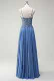 Dusty Blue A Line Pleated Prom Dress with Appliques