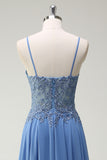 Dusty Blue A Line Pleated Prom Dress with Appliques