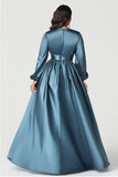Grey Blue A Line V Neck Mother of the Bride Dress with Long Sleeves