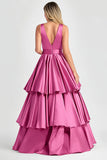 Tiered V Neck Fuchsia A Line Formal Dress