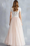 Light Pink A Line Tulle Lace Bridesmaid Dress with Short Sleeves