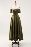 Off the Shoulder A Line Tea Length Satin Olive Mother of the Bride Dress