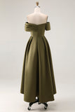 Off the Shoulder A Line Tea Length Satin Olive Mother of the Bride Dress