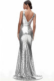 Sequined Silver V Neck Mermaid Formal Dress