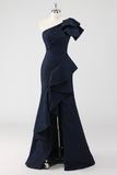 One Shoulder Jacquard Ruffle Mermaid Navy Formal Dress with Slit