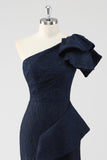 One Shoulder Jacquard Ruffle Mermaid Navy Formal Dress with Slit