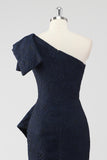 One Shoulder Jacquard Ruffle Mermaid Navy Formal Dress with Slit