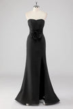 Duchess Satin Mermaid Bow Strapless Black Formal Dress with Slit