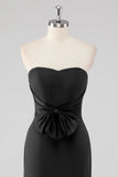 Strapless Bow Satin Mermaid Black Tie Dress with Slit